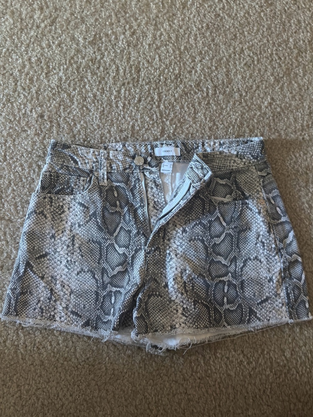Forever 21 Snake Print Denim Shorts - Gray & White